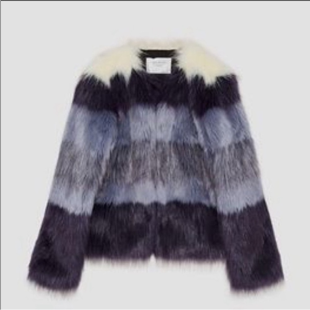 Zara Women's Faux Fur Jacket - Blue, Black, Gray, and Cream/White